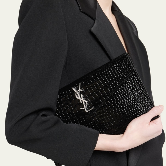 NEW!!! SAINT LAURENT YSL Crocodile Embossed Calfskin Uptown Monogram Clutch - Picture 3 of 11